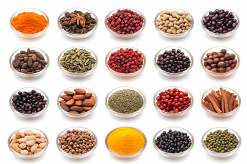 Assortment of Spices and Herbs Displayed Beautifully in Glass Bowls on White Background