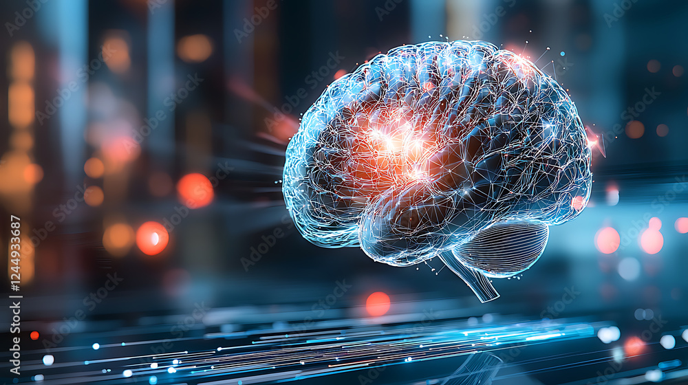 Poster exploring neurotechnology innovations future labs digital art virtual environment close-up view cogn