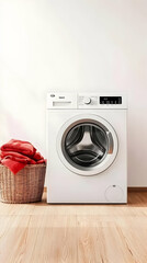 White Washing Machine with Laundry Basket and Red Towels in a Bright Room