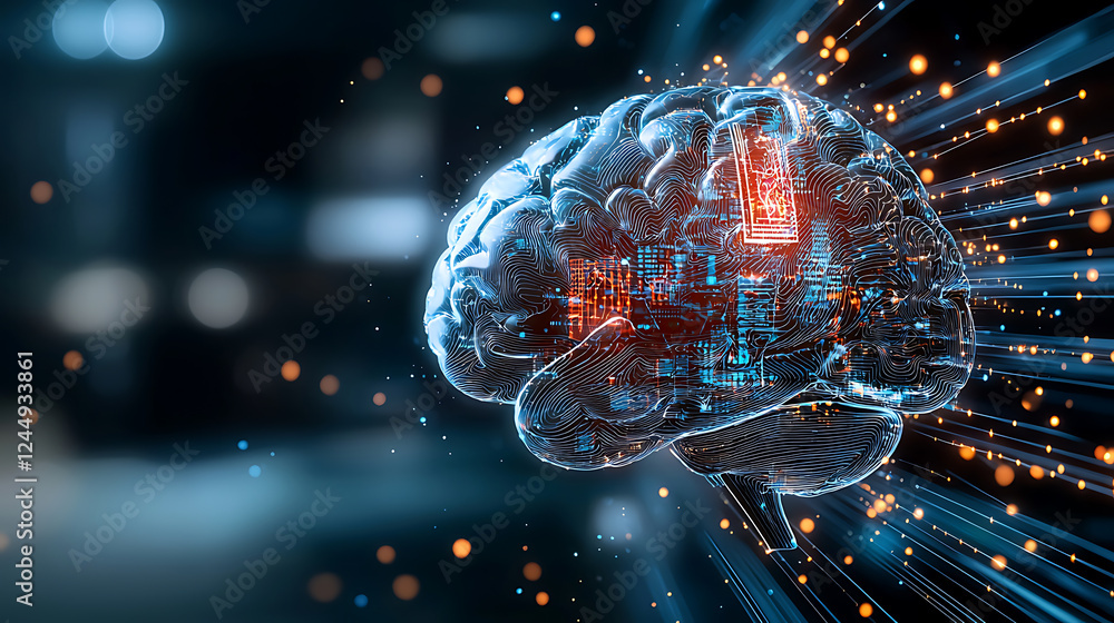 Poster digital brain innovation technology lab 3d graphic futuristic environment close-up view neural proce