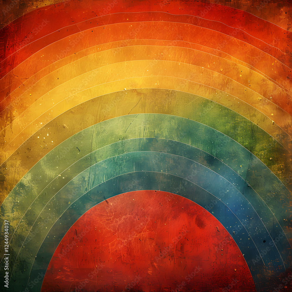 Poster vibrant vintage rainbow design with multiple color arcs and textured background