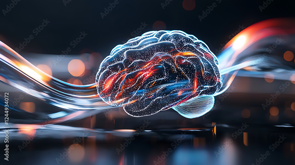Poster neural connections emerge from a glowing brain digital landscape 3d visualization futuristic environ