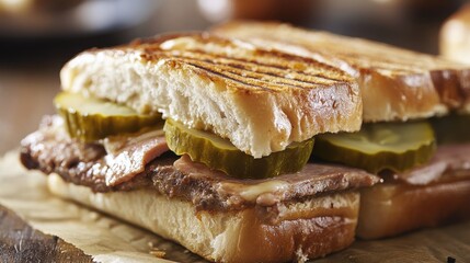Close-up of a Delicious Cuban Sandwich with Grilled Bread and Pickles