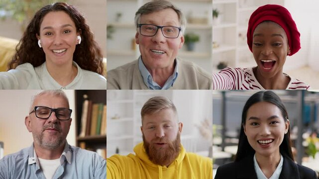 A group of six multiracial individuals from different backgrounds participating in a lively video call, sharing smiles and conversation.