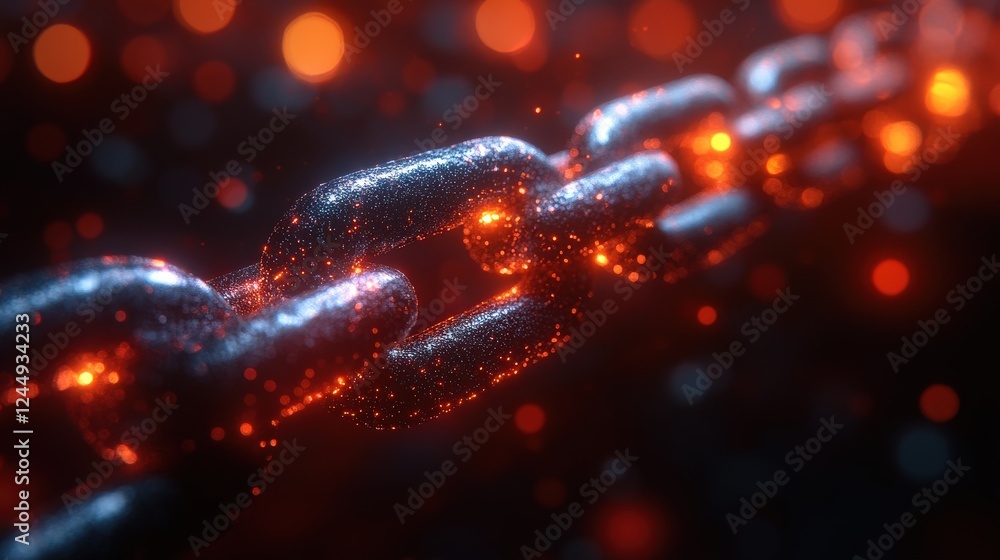 Poster close-up of a glowing chain link with sparkling particles on a dark background, symbolizing strength