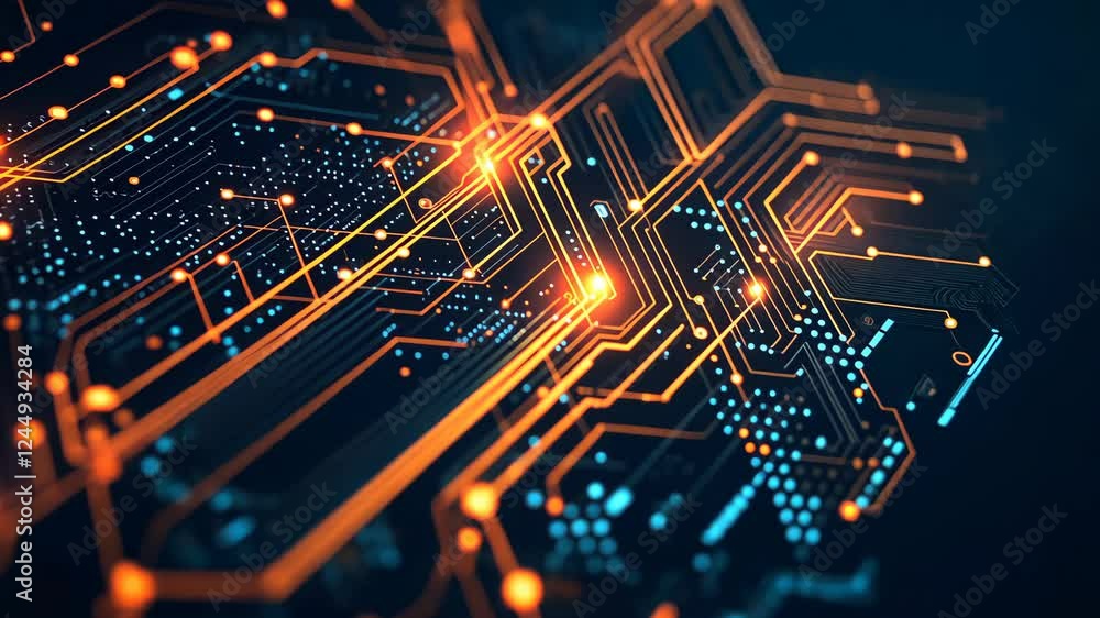 Poster futuristic circuit board animation with glowing connections and dynamic data flow