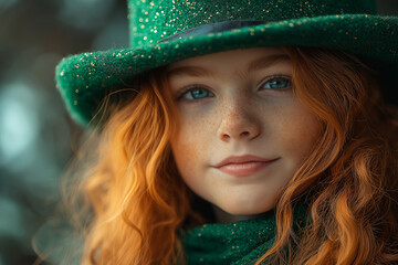 Fototapeta premium Beautiful Irish red-haired girl in sparkling green hat, celebrating St. Patrick’s Day with freckles, blue eyes, festive outfit, magical charm, cultural tradition, and happiness.