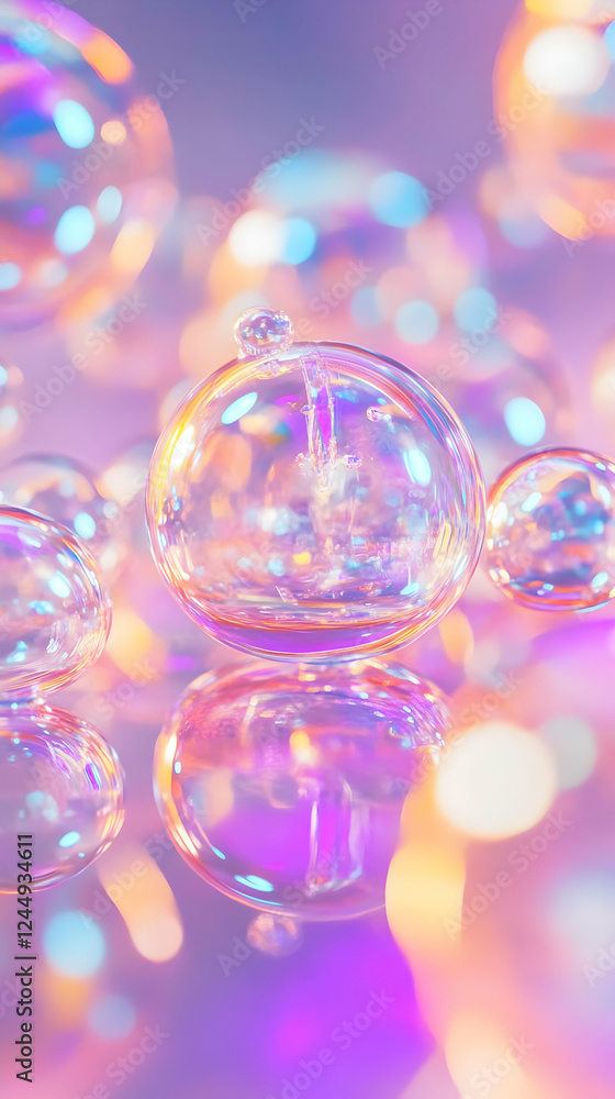 Poster iridescent soap bubbles shimmer with colorful reflections on purple background with abstract bokeh
