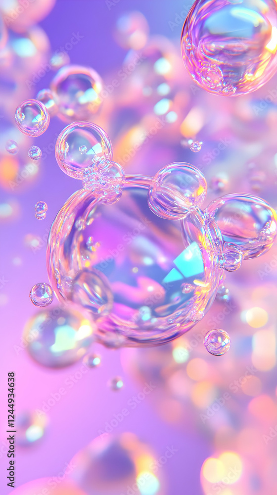 Poster iridescent soap bubbles floating gently on a dreamy pastel background with bokeh effect.