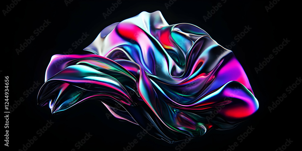 Poster iridescent metallic cloth flows and shimmers dynamically in a dark environment