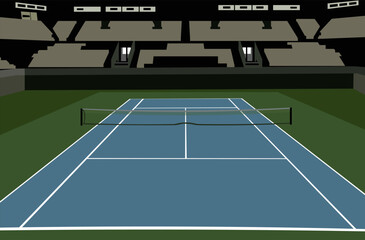 Tennis court with stadium. vector illustration.