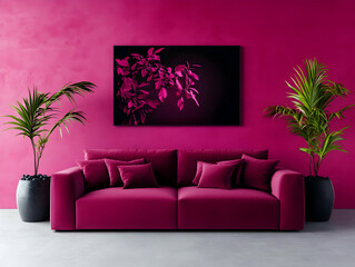 Pink velvet sofa sits beneath vibrant pink wall art in a stylishly decorated living room with potted plants.