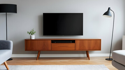 Modern Living Room Interior Displays Flat Screen TV on Wooden Stand, Complemented by Stylish Lamps and Cozy Seating