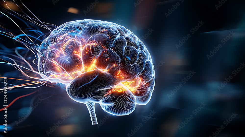 Poster neuroscience breakthroughs exploring brain functionality research lab digital art high-tech environm