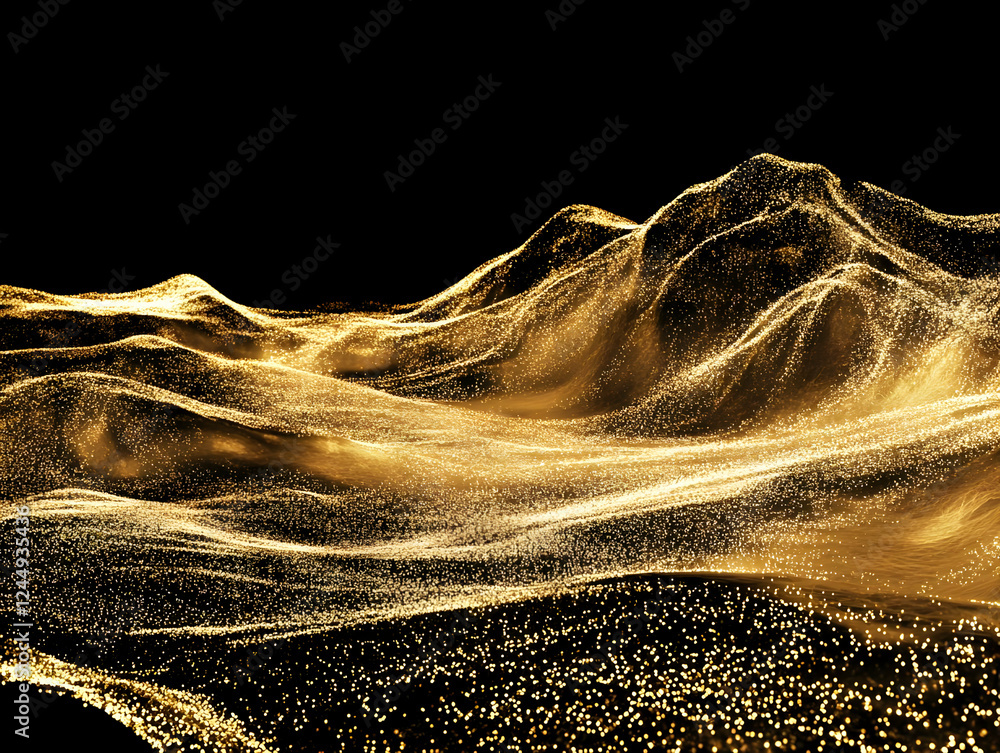 Aufkleber abstract golden particle wave flows smoothly on a black background.