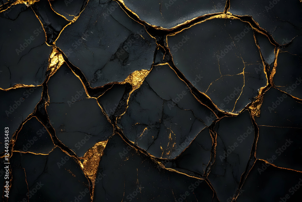 Poster black cracked surface with gold veins forms an intricate abstract pattern for textured background