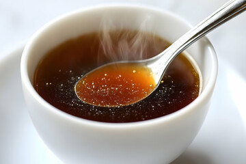 Steaming broth, spoon, close-up, restaurant, food blog