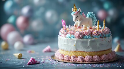 A birthday cake with a whimsical unicorn topper, surrounded by glitter and small party hats on a wooden table