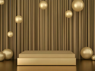3D Gold Podium with Hanging Spheres and Curtain Background for Product Display or Presentation
