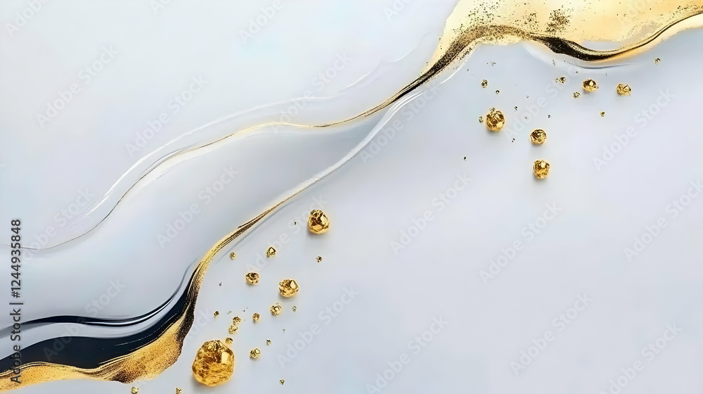 Poster abstract background with golden nuggets and fluid lines flows gracefully on white background