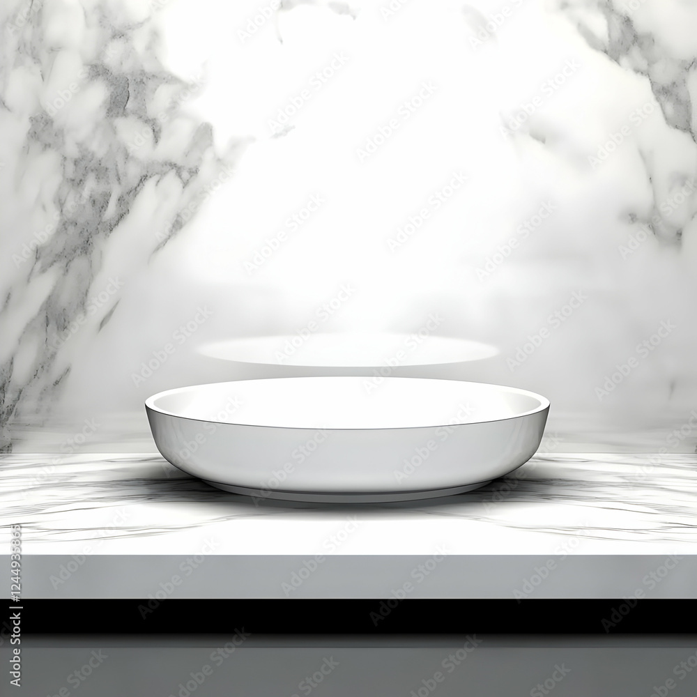 Poster empty white bowl on marble countertop and backdrop. simple elegance with minimalist design features.