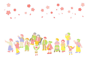 横並びの多世代の人々と桜[お花見]のフラットなイラスト（セット）
