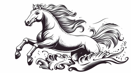 Prancing Horse Leaps Gracefully Over Stylized Waves in Dynamic Illustration