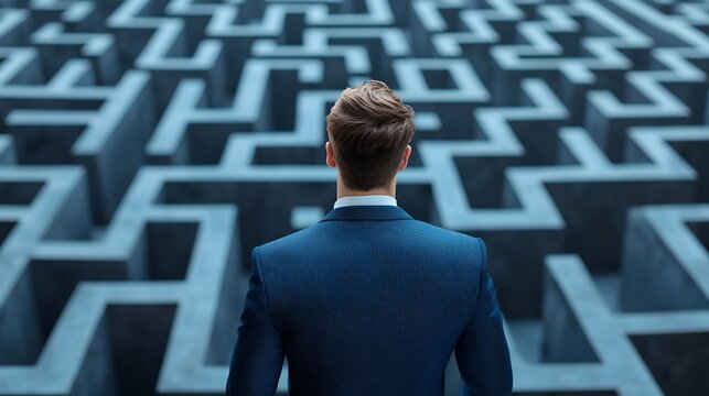 Person In Blue Suit Facing A Gray Stone Maze
