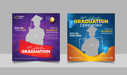Graduation event greeting social media post education celebration square flyer wishes banner template with photo frame design set