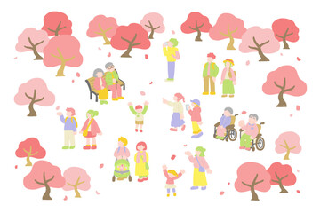 桜[お花見]を楽しむ多世代の人々のフラットなイラスト（セット）
