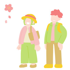 桜[お花見]を見上げる男女のカップルのフラットなイラスト
