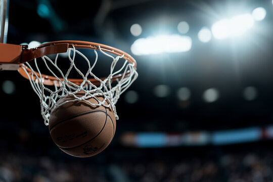 A dramatic close-up capturing the pivotal moment as a basketball slams through a hoop during March Madness