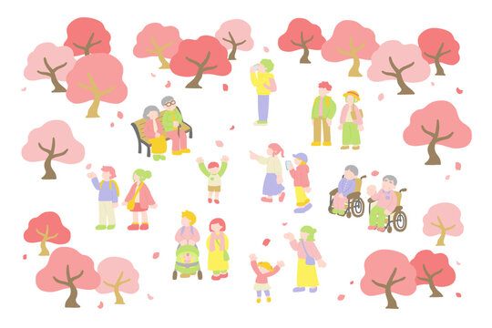 桜[お花見]を楽しむ多世代の人々のフラットなイラスト（セット）
