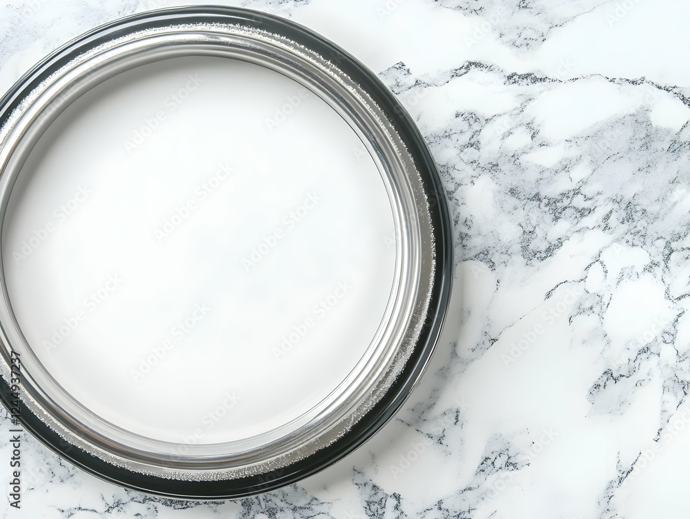 Poster silver metallic round frame rests on white marble background with empty space for design