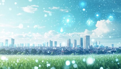 Futuristic Cityscape Skyline Overlooking Lush Green Field