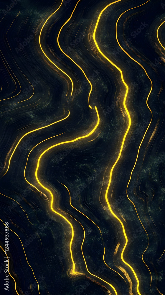 Poster abstract background with golden light trails flowing smoothly across a dark surface