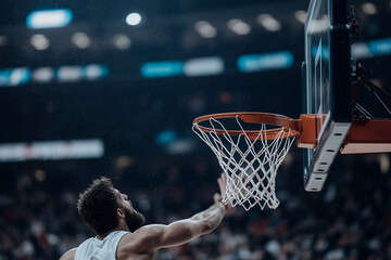 A dramatic close-up capturing the pivotal moment as a basketball slams through a hoop during March Madness