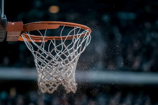 A dramatic close-up capturing the pivotal moment as a basketball slams through a hoop during March Madness
