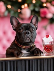 A sophisticated black French Bulldog posing elegantly with a perfume bottle and a romantic floral background. A luxurious Valentine's Day setting.
