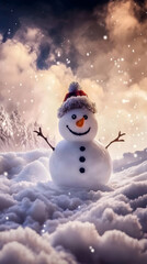 Fototapeta premium Smiling Snowman Stands in Snowy Field with Winter Wonderland Background at Sunset