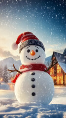 Obraz premium Smiling Snowman Stands in Snowy Landscape with Cozy Cabin, Winter Wonderland Scene.
