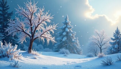 Snowy landscape with bare trees and sparkling icicles hanging from branches, tree, sparkles, ice