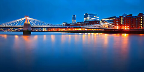 Naklejka premium Modern Cable-Stayed Bridge Illuminates the Cityscape at Twilight, Reflecting on Calm Waters Beautifully.