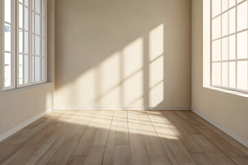 Bright and Minimalist Empty Room with Natural Light and Wooden Floor