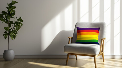 Minimalist modern living room with rainbow pride pillow on chair, symbolizing LGBTQ inclusivity, diversity, equality, love, acceptance, and stylish interior design with natural sunlight.