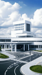 Naklejka premium Modern White Building Stands Tall with a Cloudy Sky Background and Roadway System