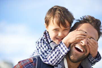 Portrait, dad and son with piggy back, sky and happy morning bonding on travel holiday together....