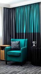 Teal Armchair Sits Elegantly in a Room with Black and Teal Curtains, Creating a Stylish and Modern Interior.