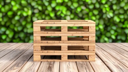 Light Brown Wooden Pallets on Wooden Surface with Green Leaf Background
