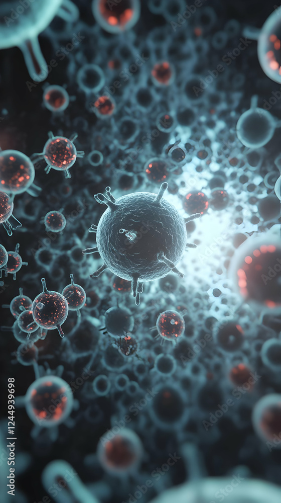 Poster 3d illustration of microscopic viruses floating in a dark environment showcasing their structure and
